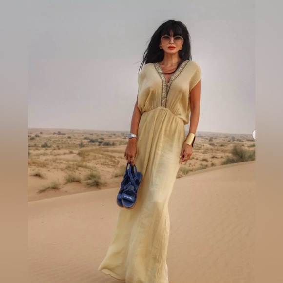 Zara dress maxi flowy butter yellow beaded embroidered boho summer vacation - Picture 7 of 16